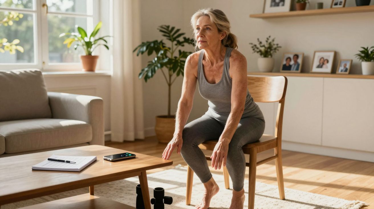 Mulher sénior a fazer exercício sentado numa cadeira na sala de estar iluminada pela luz natural.