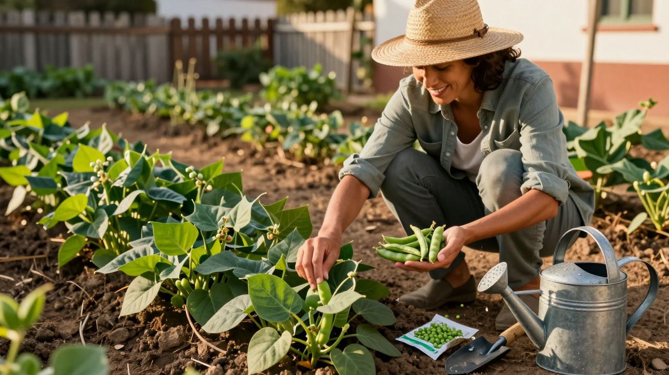 Mulher a colher feijão verde num jardim com regador e enxada, sorrindo e agachada.
