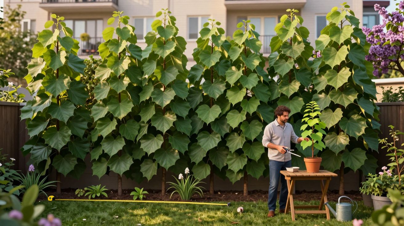 Homem a cuidar de planta em vaso numa varanda cheia de folhagem densa e árvores jovens ao fundo.