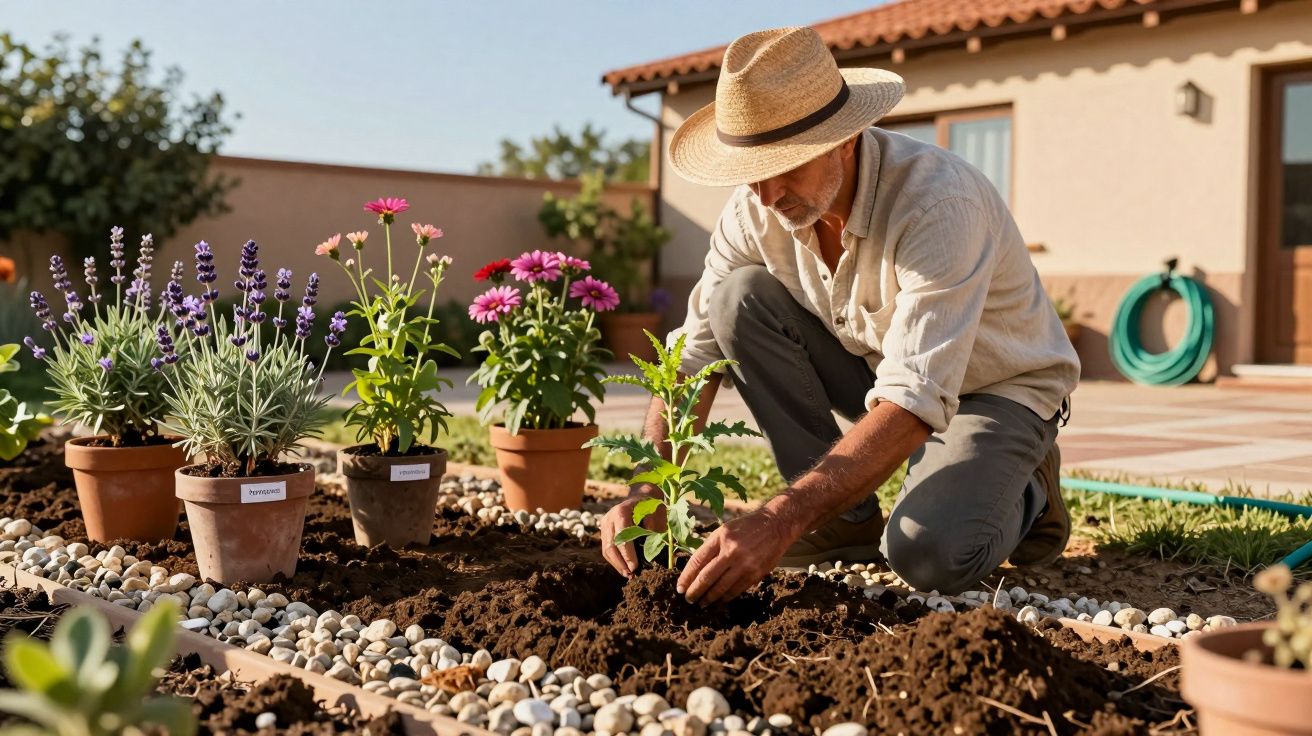 Homem com chapéu a plantar flores num jardim junto a casa em dia solarengo.