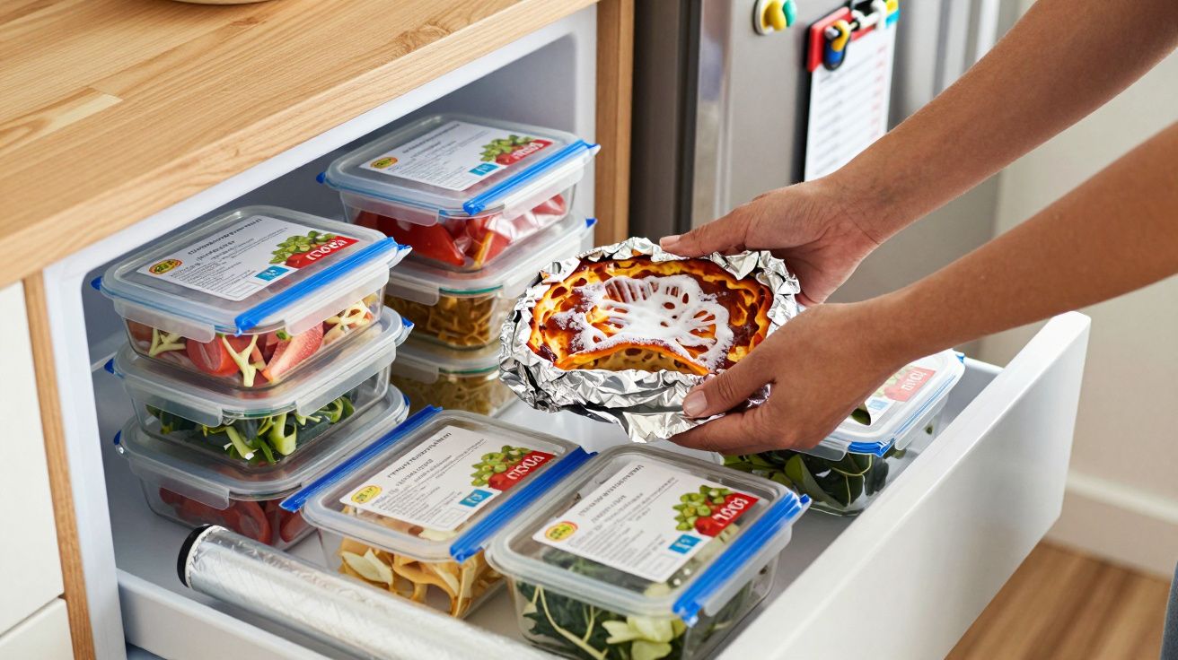 Mãos a colocar lasanha embaladas em alumínio em gaveta com caixas herméticas de comida fresca organizada.