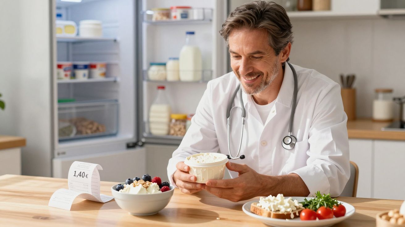 Médico sorridente com bata branca segurando tigela de iogurte, sentado à mesa com comida saudável.