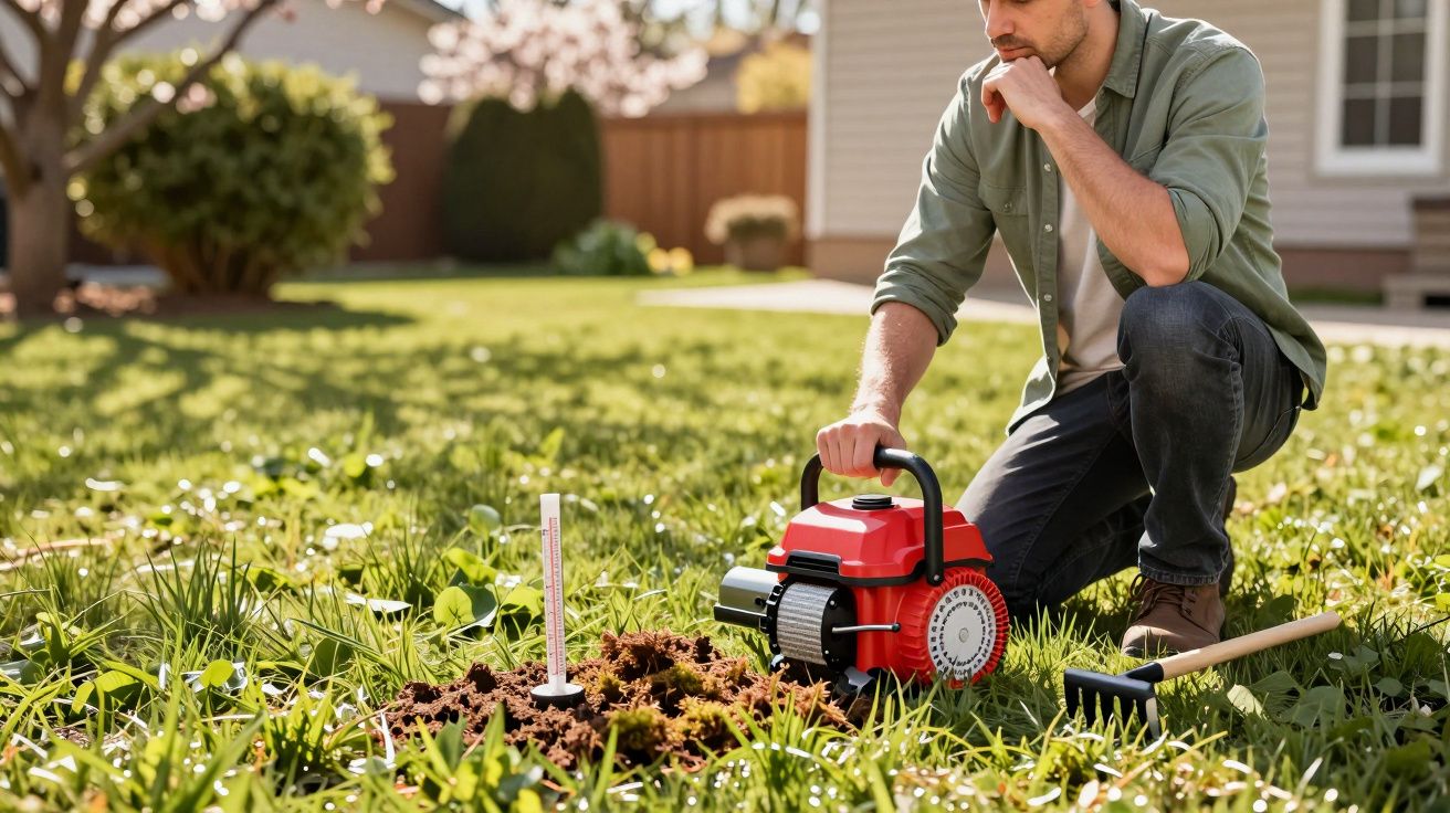 Homem com equipamento de detecção a examinar o solo verde num jardim residencial ensolarado.