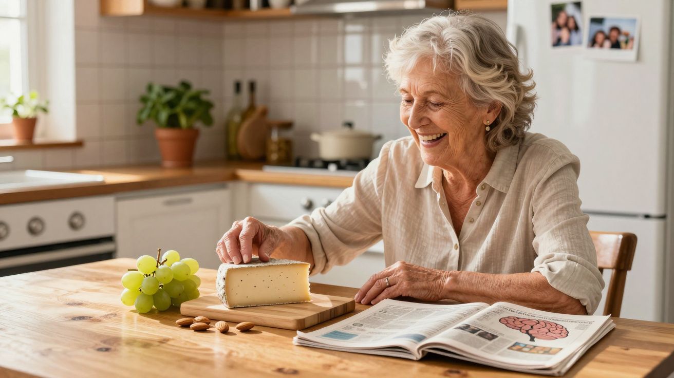 Mulher idosa sorri enquanto corta queijo na cozinha, com revista aberta e uvas na mesa de madeira.