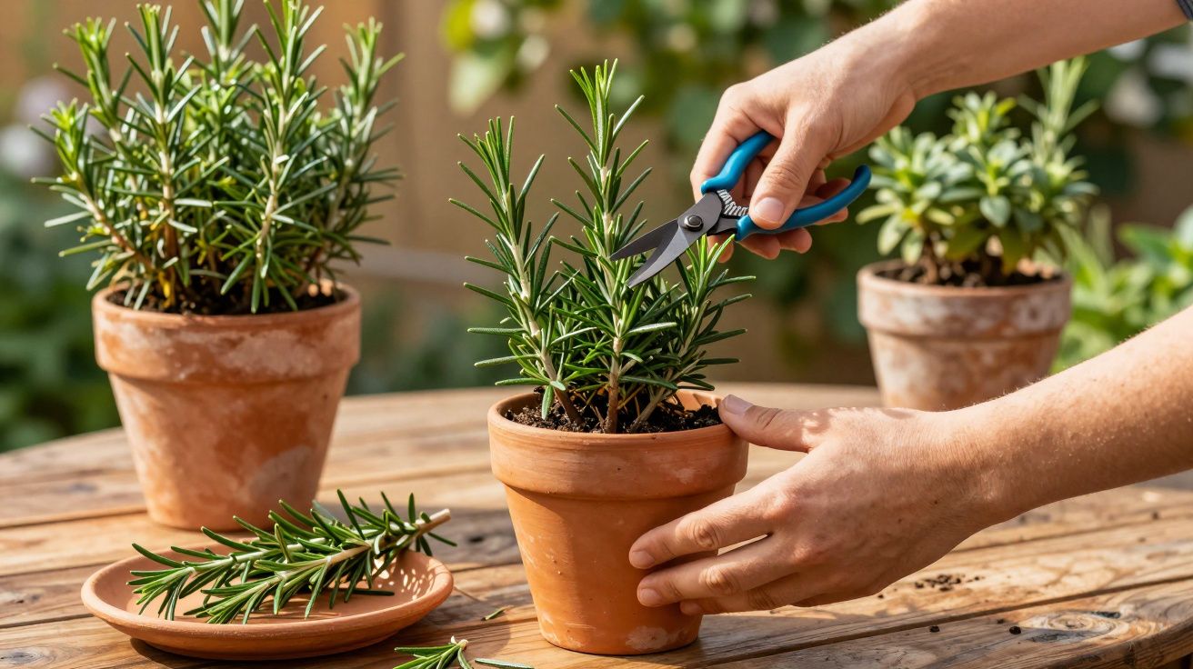 Pessoa a cortar raminhos de alecrim numa planta em vaso de barro numa mesa de madeira ao ar livre.