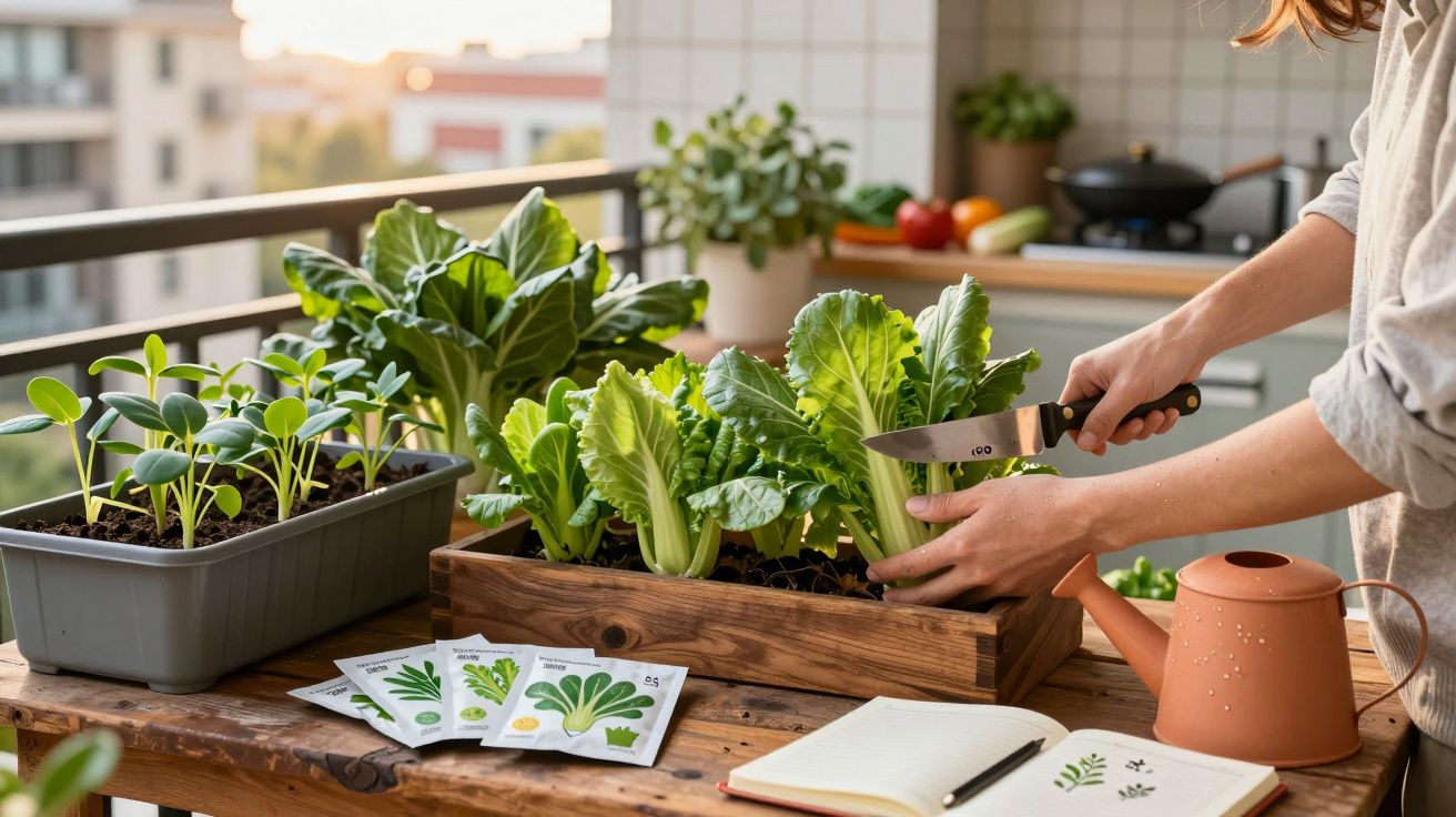Pessoa a colher alface numa mini-horta urbana com sementes, regador, e caderno na mesa de madeira.