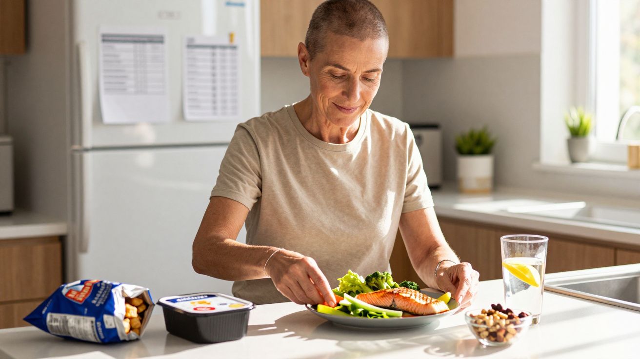 Mulher sorridente a preparar prato com salmão e legumes na cozinha iluminada pela luz natural.