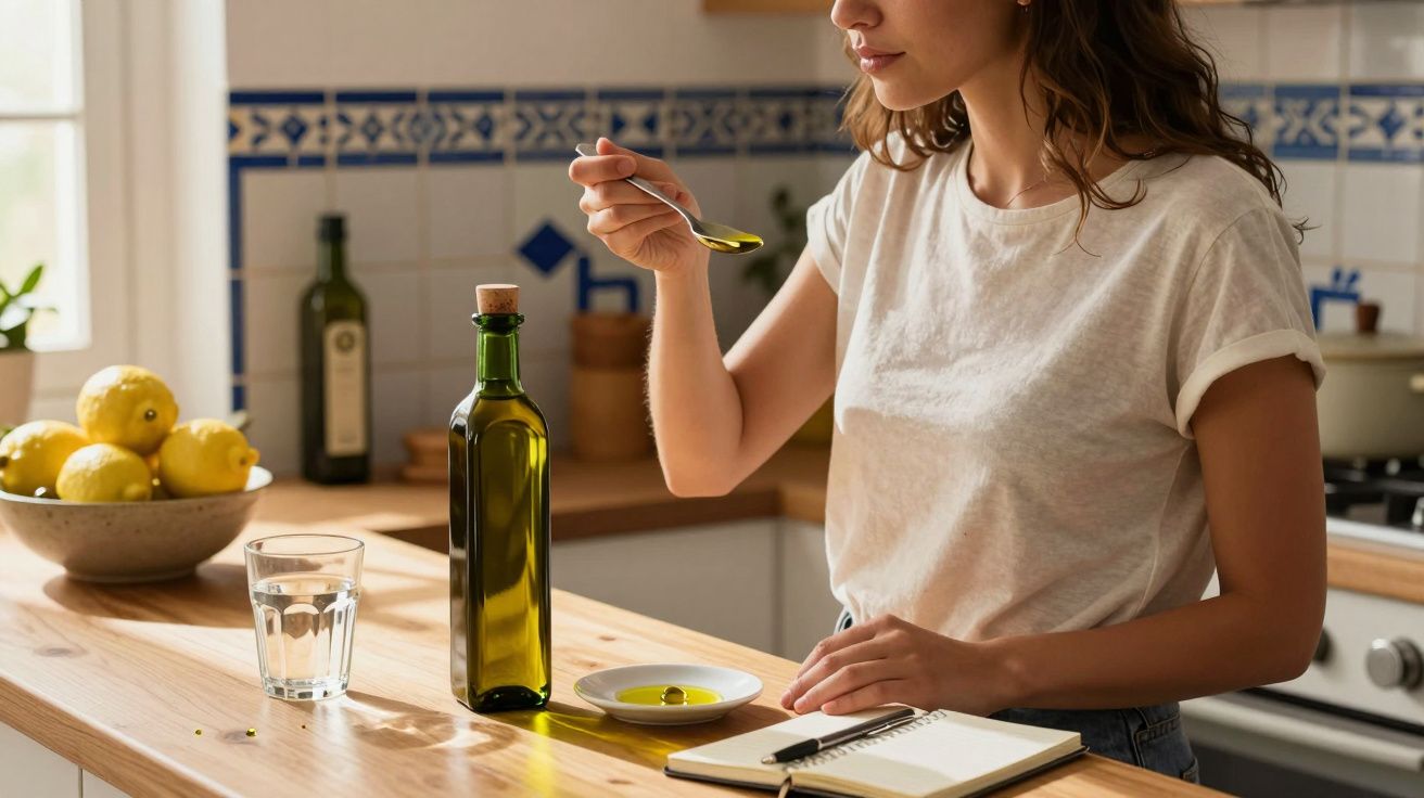 Mulher a provar azeite à colher numa cozinha com garrafa, caderno, copo de água e frutos na bancada.