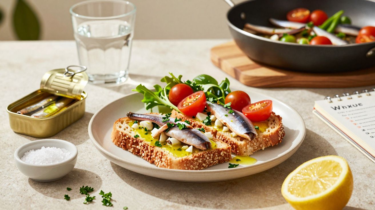 Tábua com tostas de pão com sardinhas, tomate cherry e ervas, limão, sal, copo de água e caixa de sardinhas.