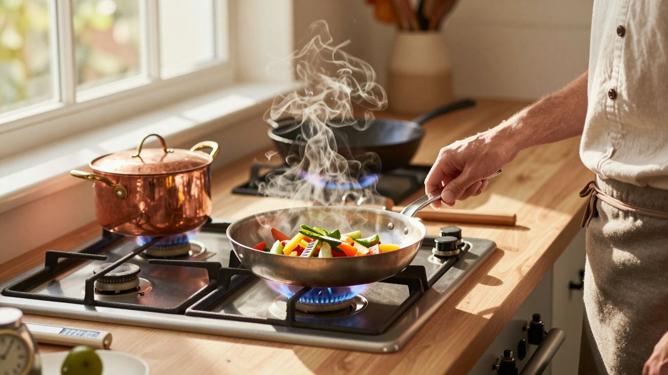 Pessoa a cozinhar legumes numa frigideira ao fogão a gás numa cozinha iluminada pelo sol.