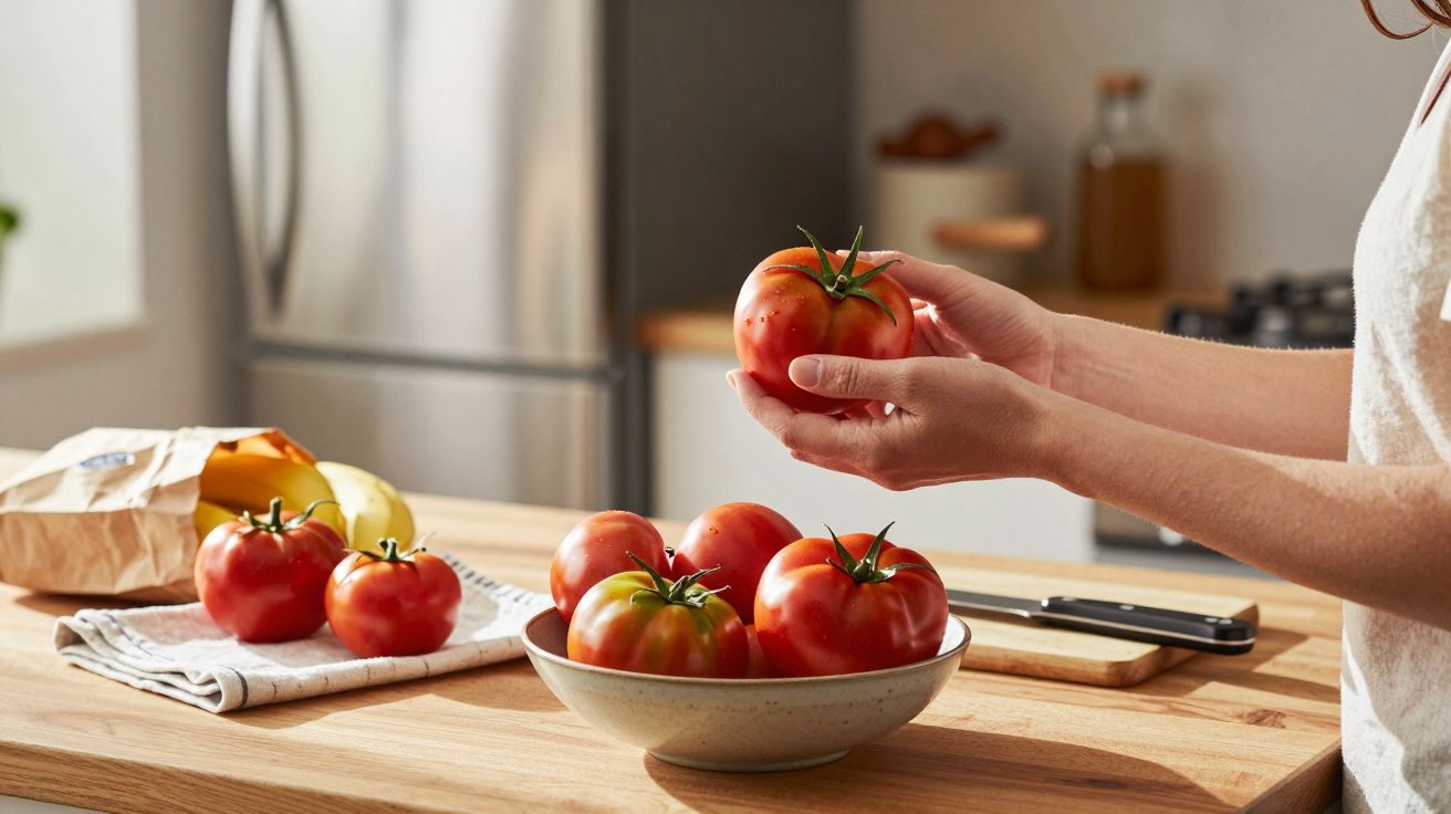 Pessoa segura tomate vermelho numa cozinha com vários tomates numa tigela sobre a mesa.
