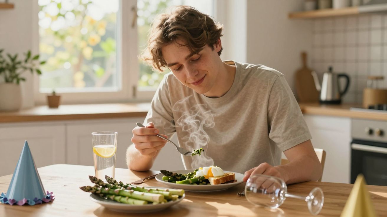 Jovem sentado à mesa a saborear uma refeição quente com espargos e ovo escalfado numa cozinha iluminada.