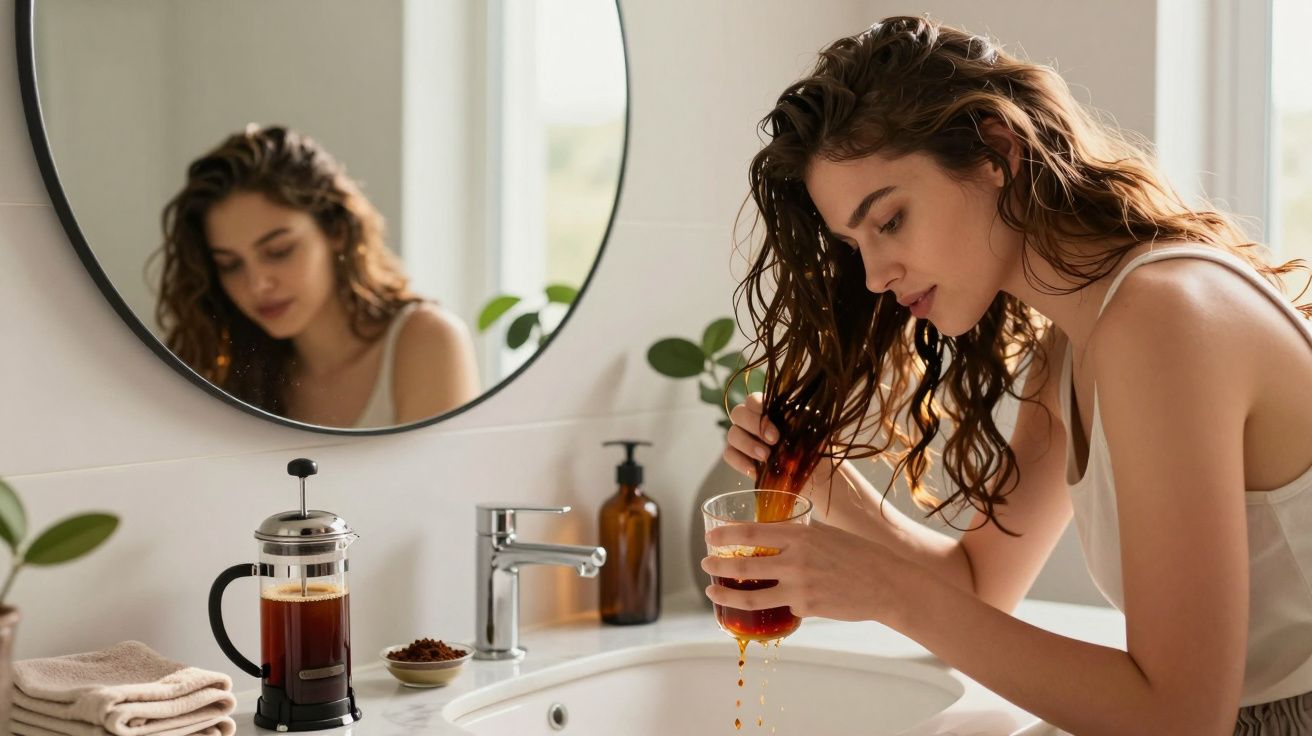 Mulher a lavar cabelos com café numa casa de banho moderna com espelho redondo e plantas.