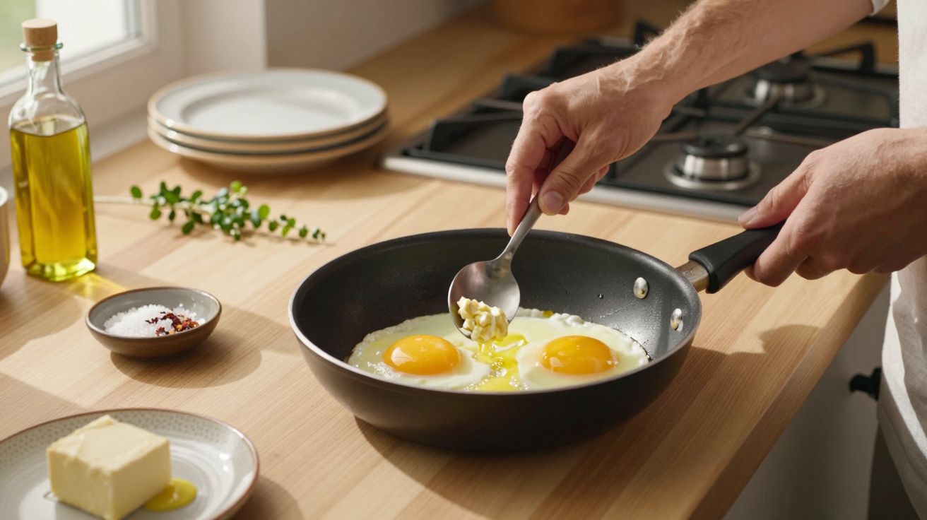 Pessoa a cozinhar ovos estrelados numa frigideira na cozinha com azeite, manteiga e temperos na bancada.