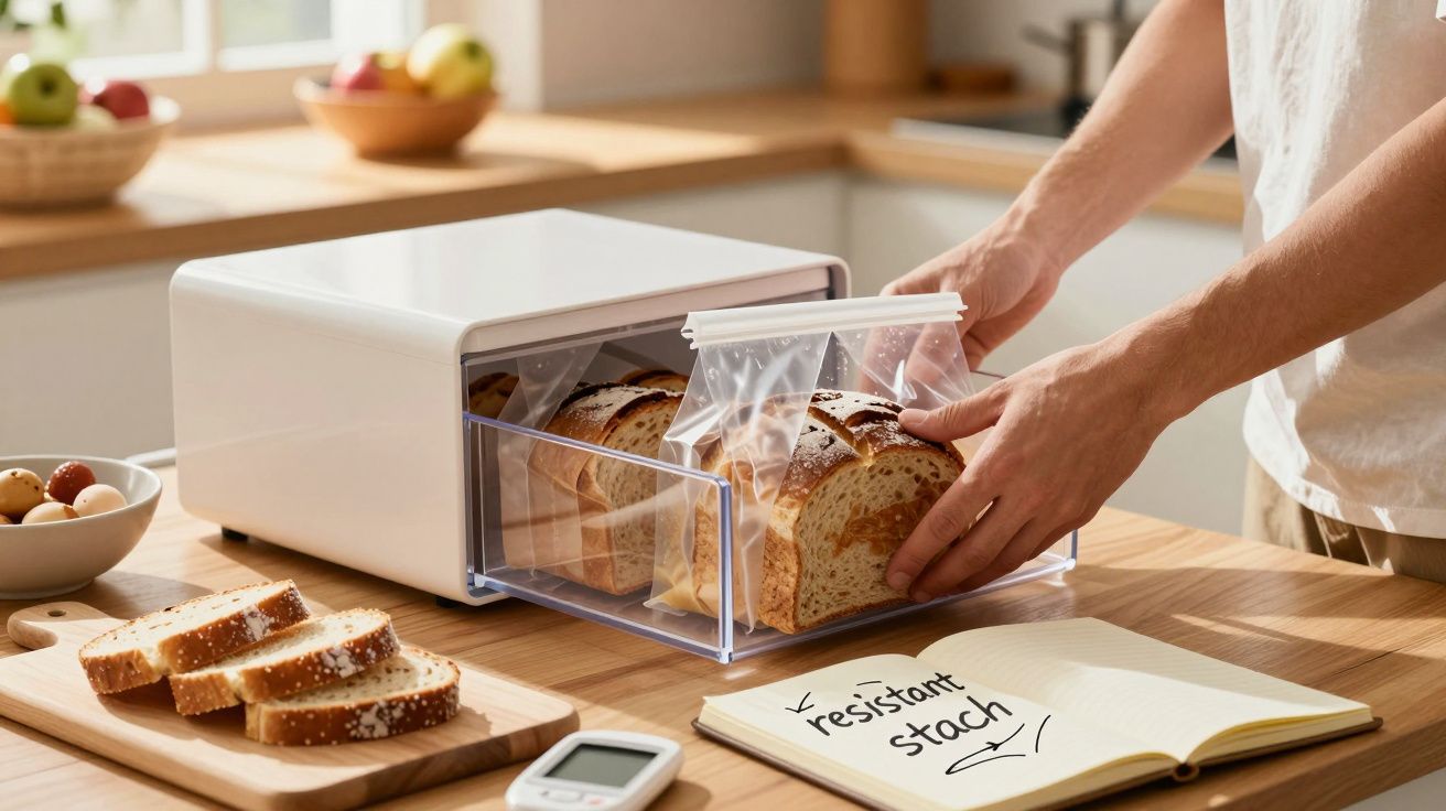 Mãos a guardar fatias de pão num dispensador transparente de pão numa cozinha luminosa e moderna.