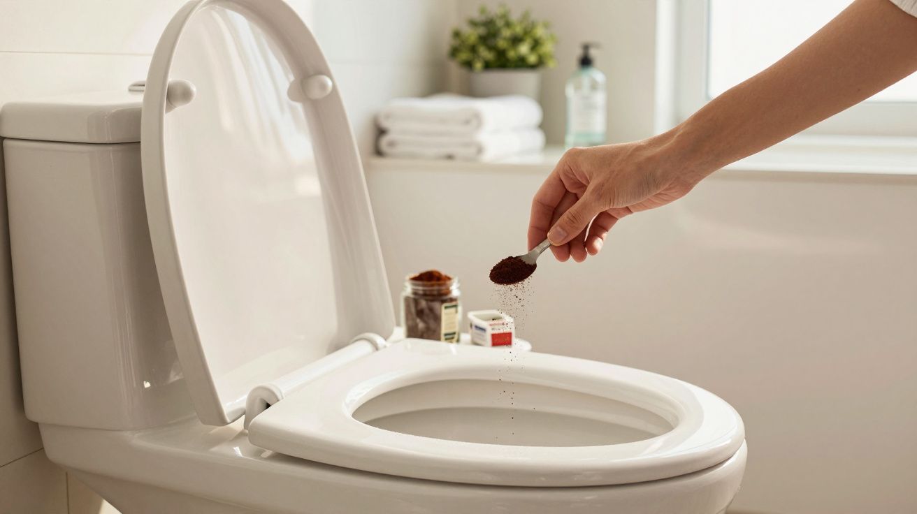 Mão a deitar pó de limpeza numa sanita branca numa casa de banho bem iluminada.