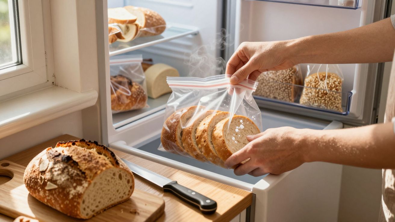Mãos a colocar fatias de pão no congelador em saco plástico com pão fresco e faca na bancada.