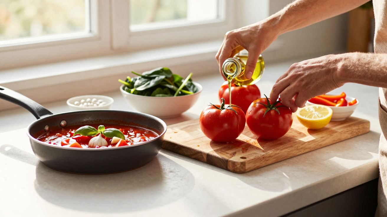 Pessoa a temperar tomates com azeite ao lado de panela com molho de tomate e legumes frescos na cozinha.