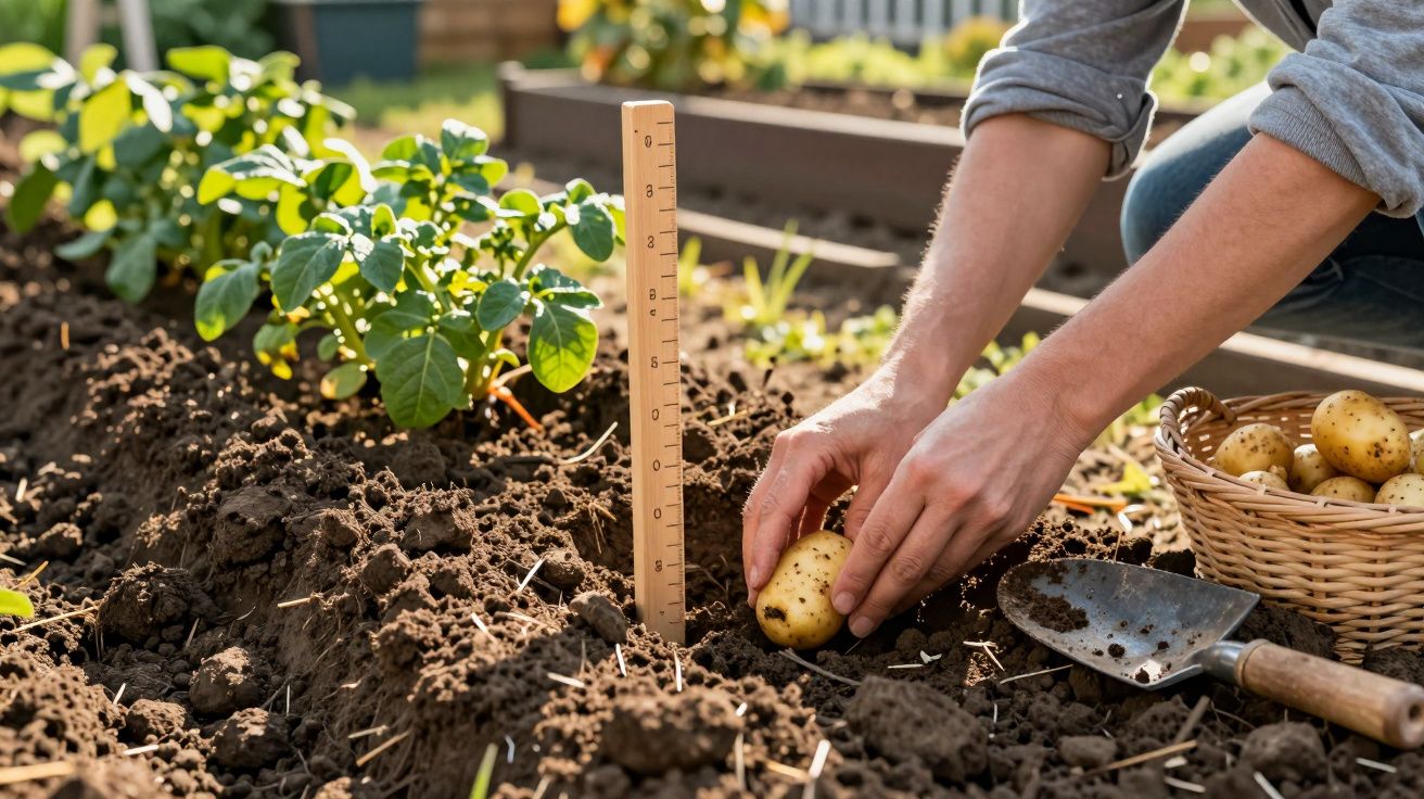 Pessoa a plantar batatas num jardim com solo preparado e uma cesta de batatas ao lado.