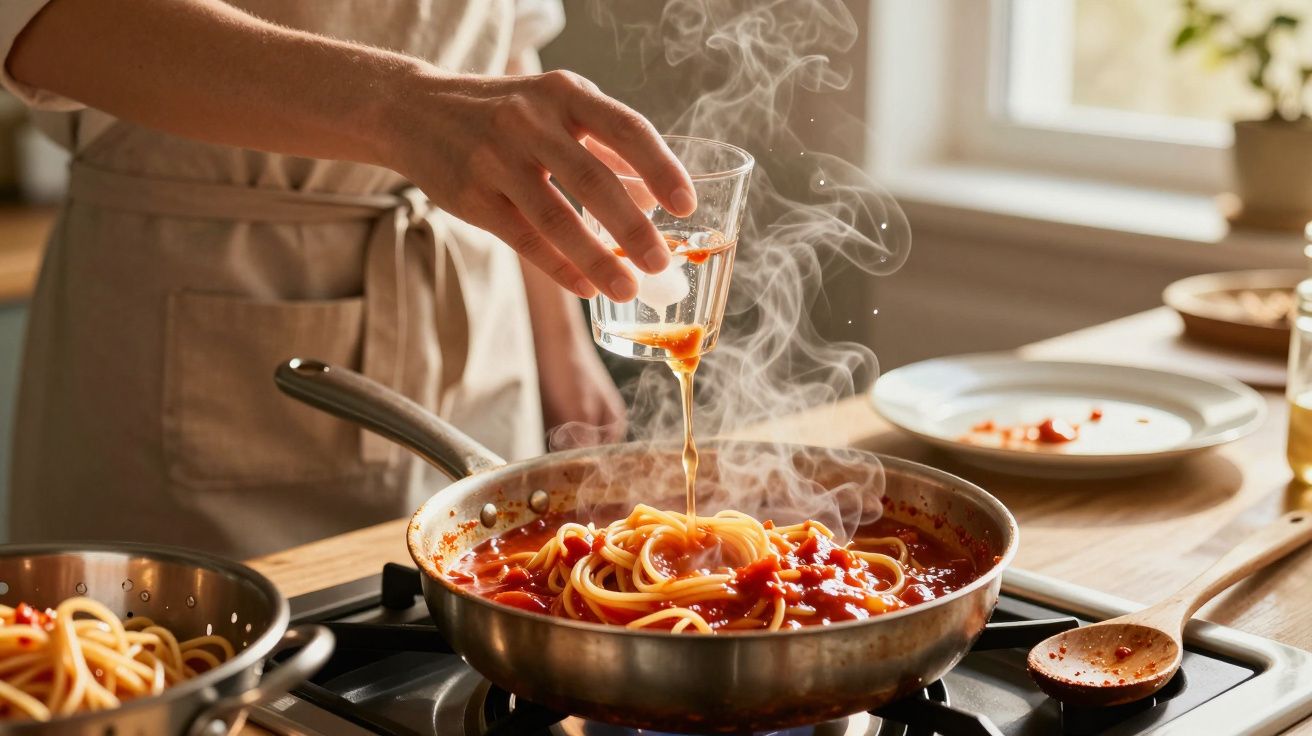 Mão a adicionar especiaria a massa com molho de tomate a ferver numa frigideira no fogão.