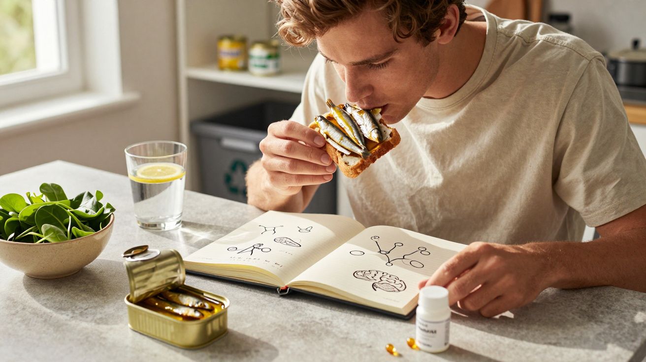 Homem a comer tosta com sardinhas enquanto estuda esquemas num livro numa cozinha iluminada.