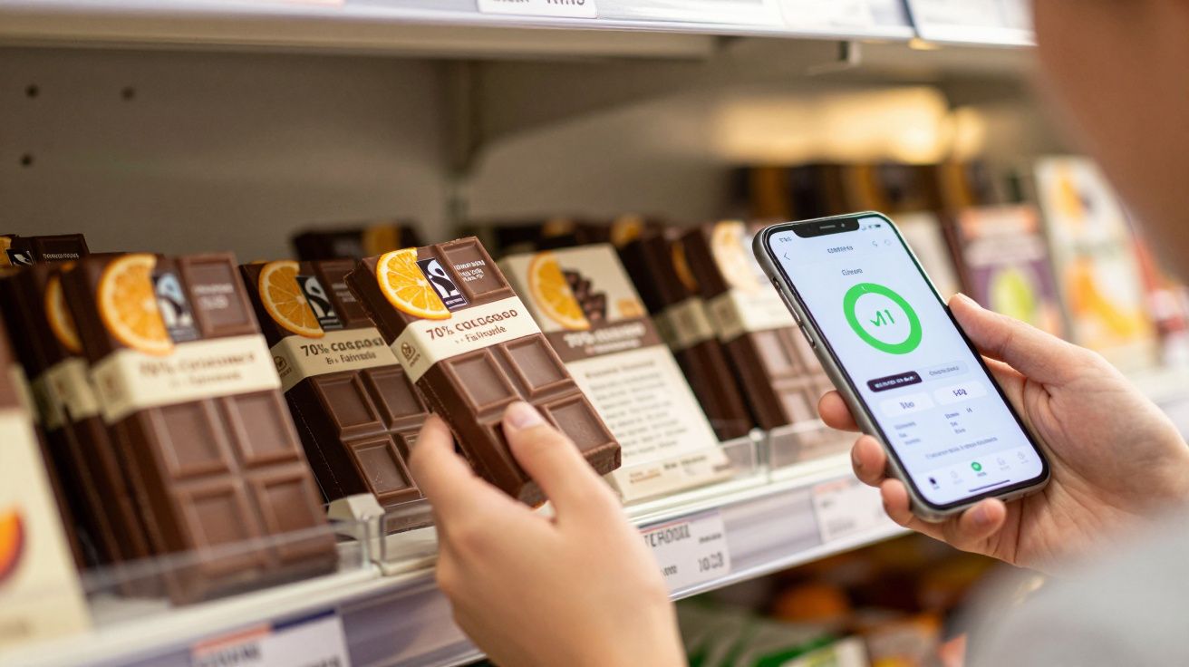 Mão a segurar tablete de chocolate e telemóvel com aplicação aberta numa prateleira de supermercado.