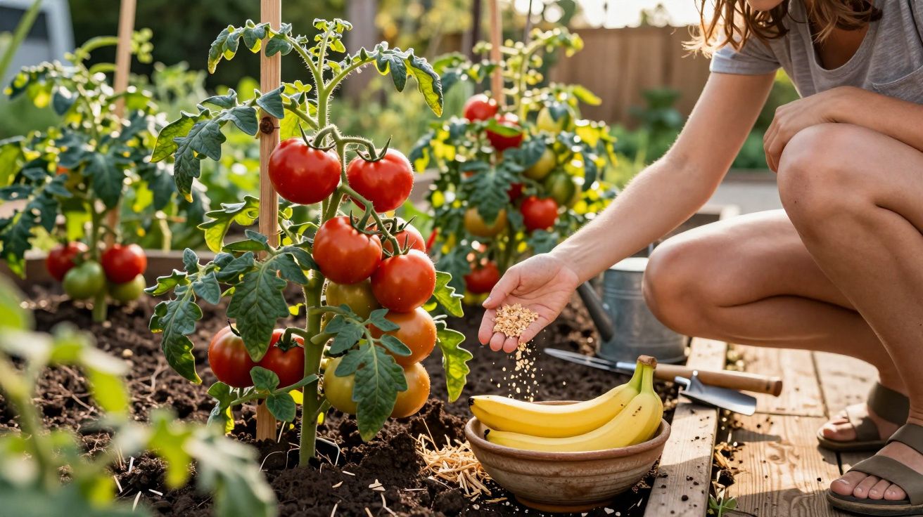 Pessoa semeando plantas de tomate maduro num jardim, com bananeira e ferramentas próximas.