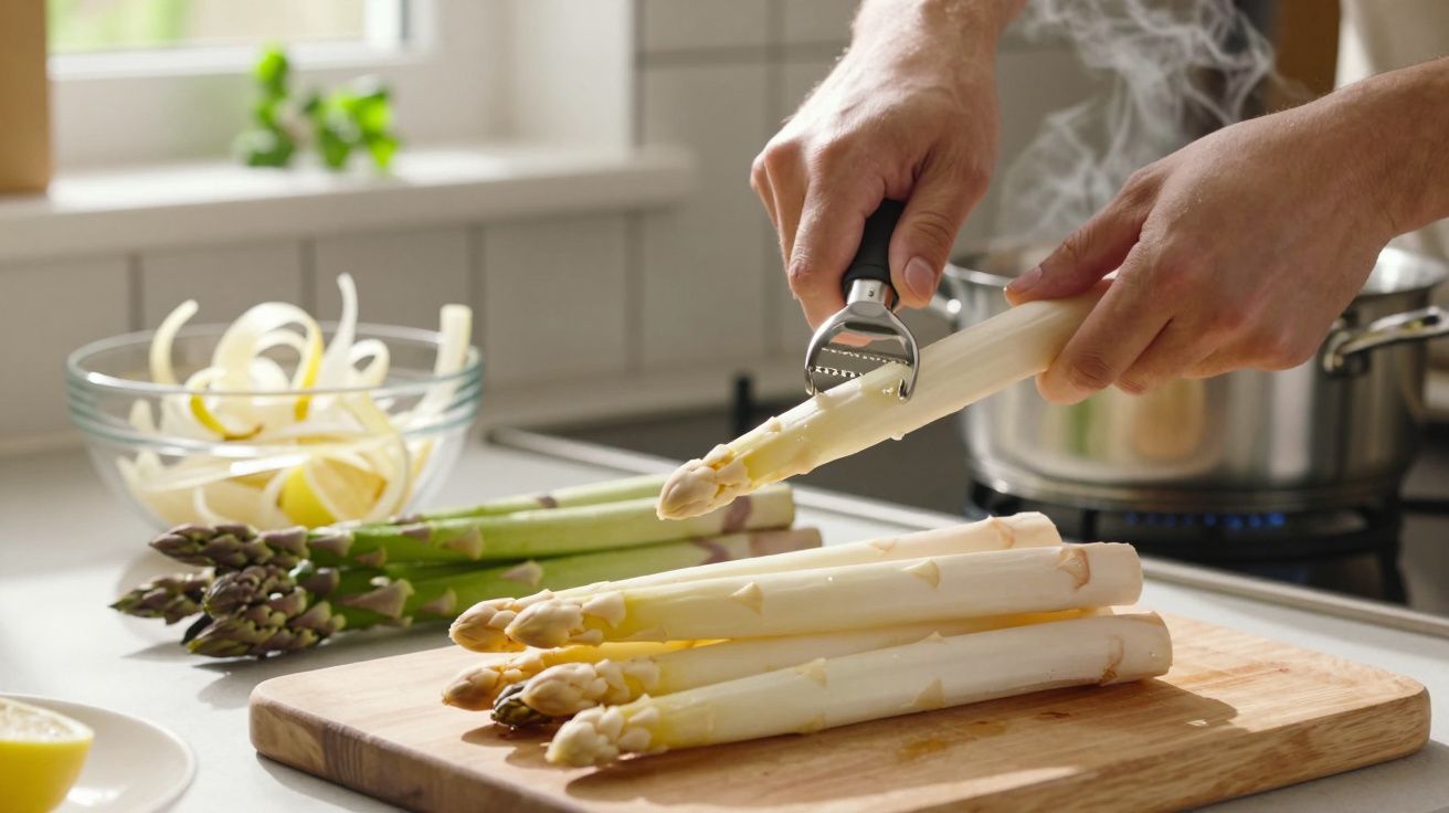 Pessoa a descascar espargos brancos numa tábua de madeira numa cozinha luminosa.