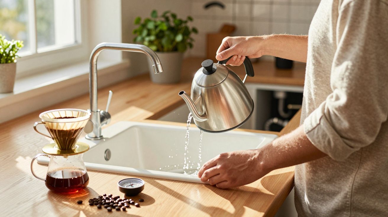 Pessoa a despejar água de um bule metálico junto a pia com coador e café numa cozinha iluminada natural.