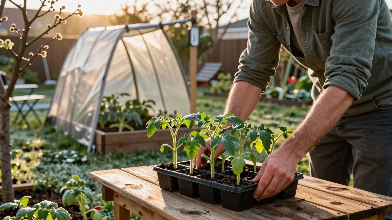 Pessoa a cuidar de mudas de plantas num viveiro ao ar livre ao pôr do sol.