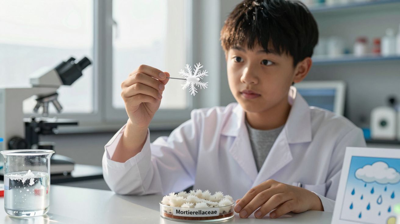 Criança em batas branca examina amostra de estruturas brancas em laboratório com microscópio ao fundo.
