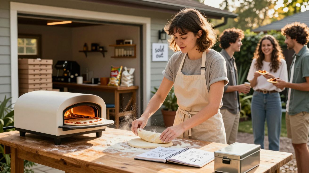 Mulher prepara massa de pizza ao ar livre perto de forno, com grupo de amigos a conversar ao fundo.