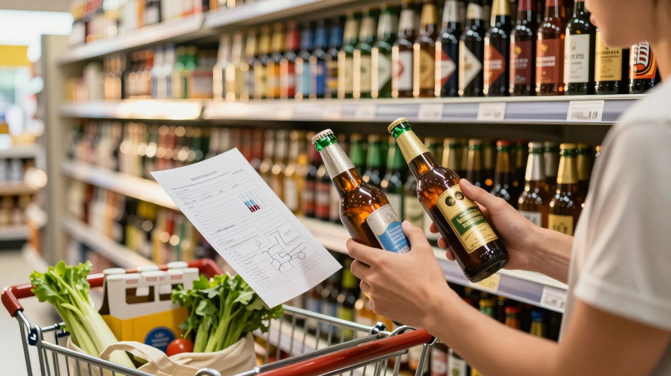 Pessoa segura duas cervejas em supermercado, com carrinho que tem legumes e lista de compras.