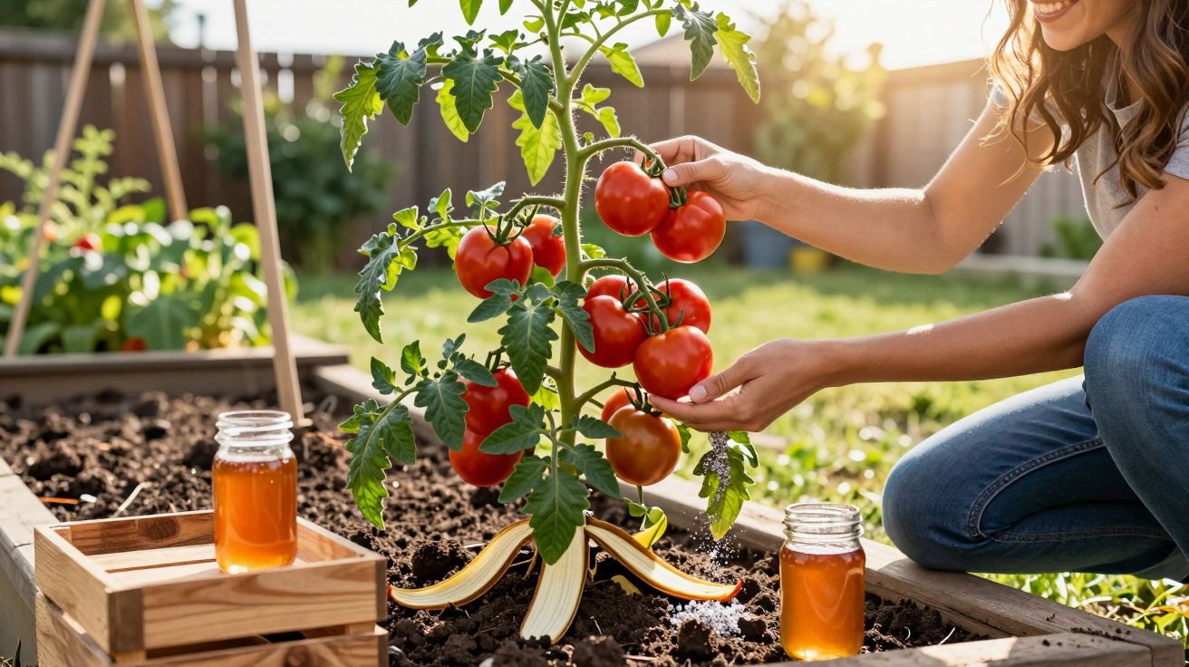 Pessoa a colher tomates maduros numa horta doméstica ao ar livre com frascos de mel ao lado.