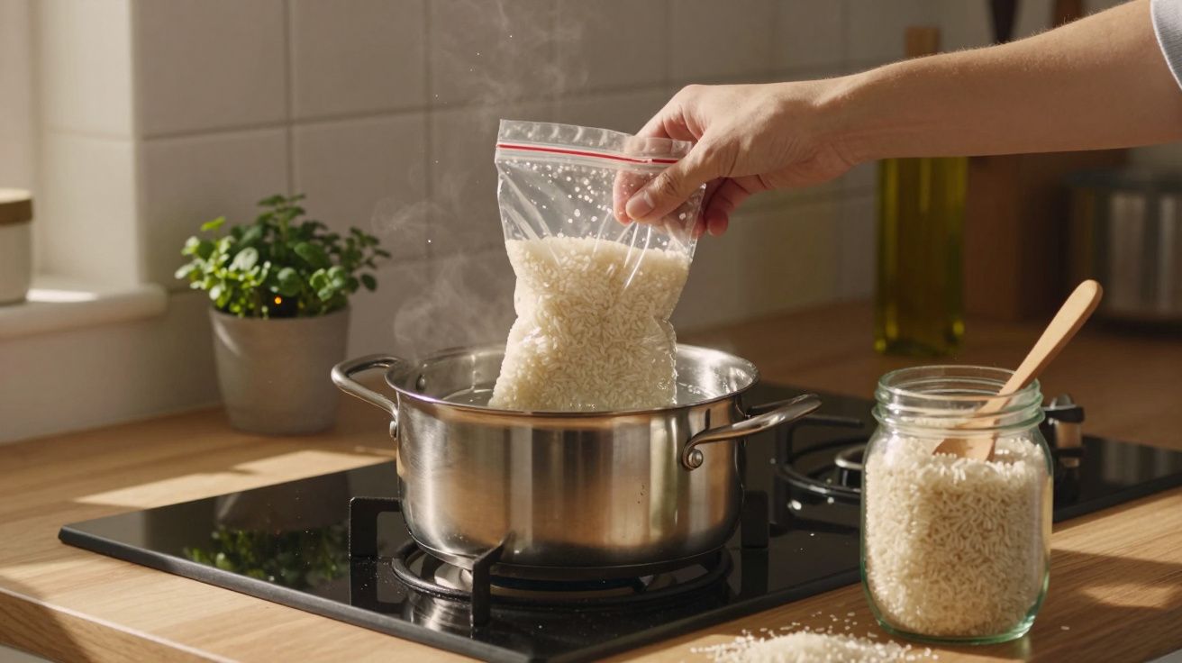 Pessoa a colocar saco de arroz num tacho com água a ferver numa cozinha moderna.