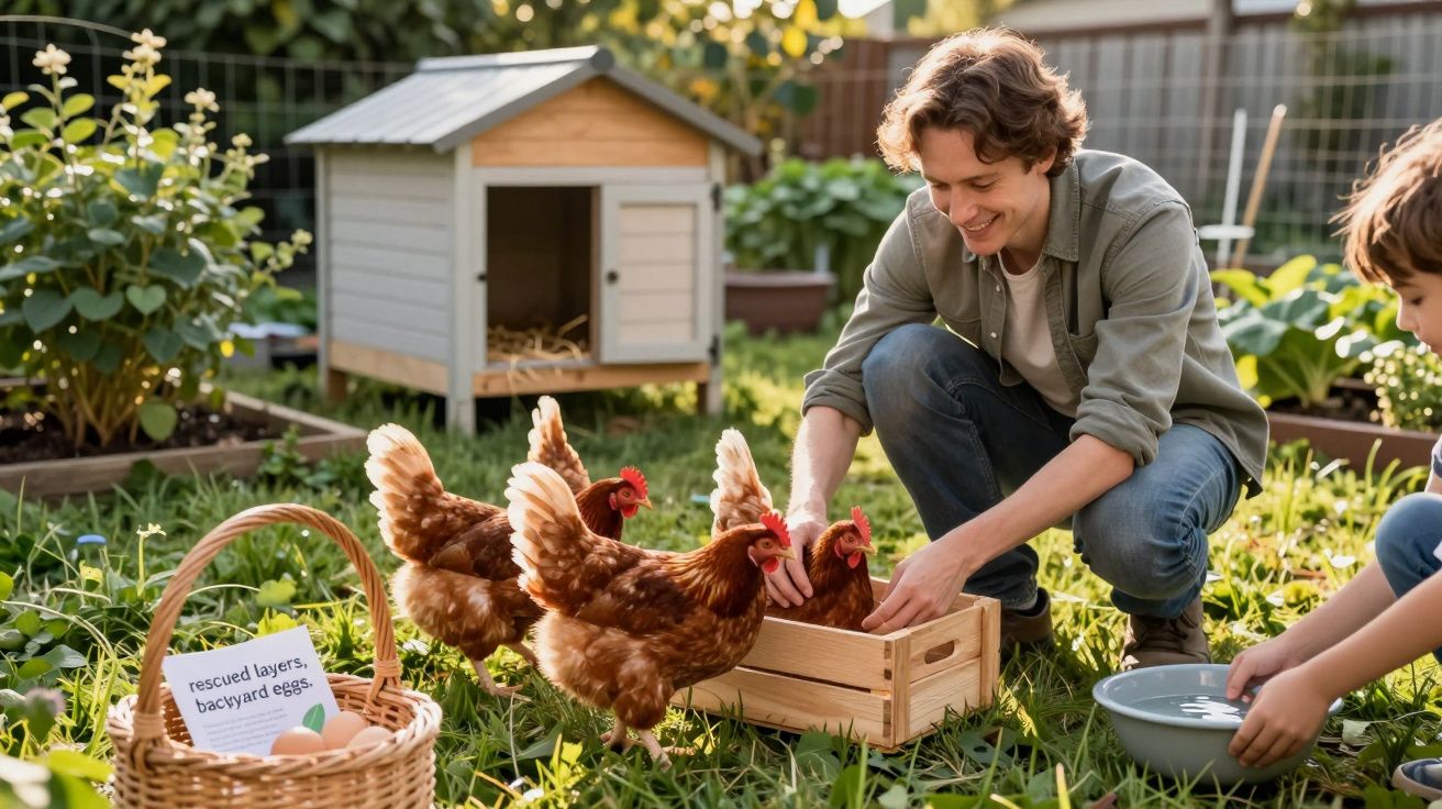 Homem e criança a recolher ovos de galinhas num jardim com casinha para aves ao fundo.