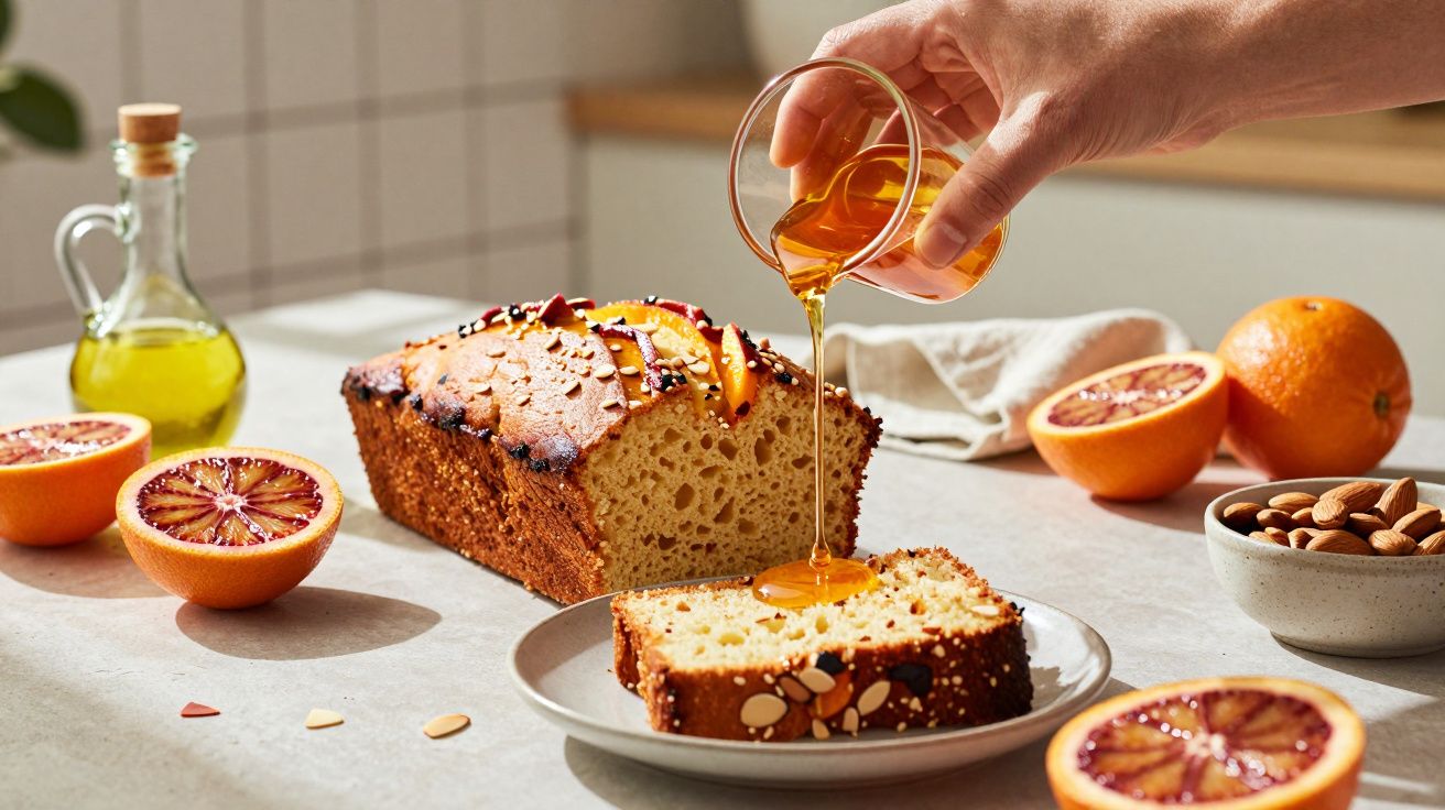 Pessoa a verter mel sobre fatia de bolo com amêndoas, rodeado de laranjas e azeite numa bancada.