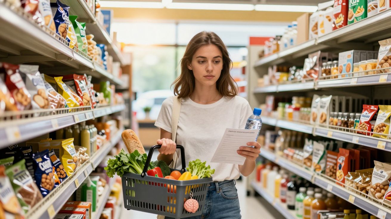 Mulher com cesta de compras no supermercado, a ler uma lista enquanto escolhe produtos frescos.