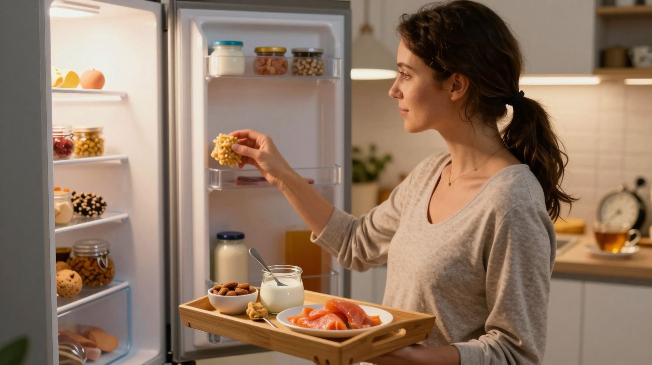 Mulher a guardar comida numa marmita enquanto está à frente de um frigorífico aberto numa cozinha acolhedora.