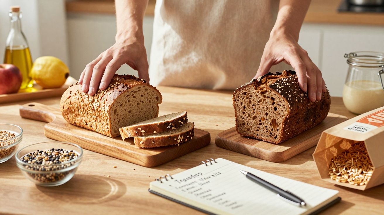 Pessoa a partir dois pães de cereais diferentes sobre tábuas de madeira, com lista de ingredientes à frente.