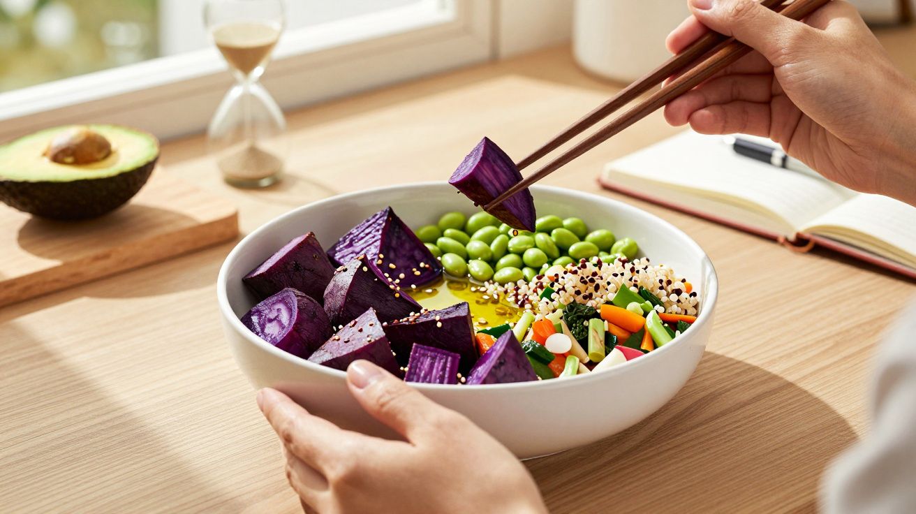 Pessoa a comer salada colorida com batata-doce roxa, edamame, quinoa e legumes numa tigela branca.