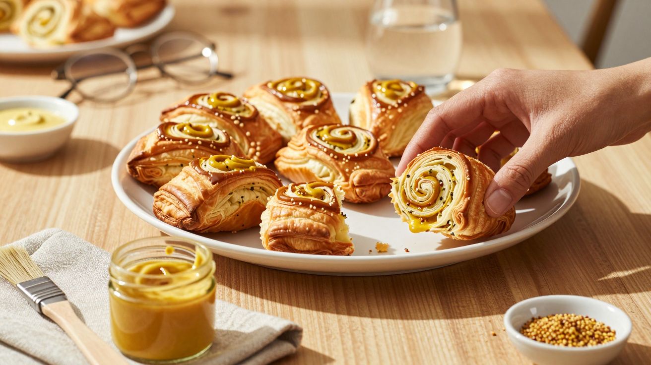 Prato branco com croissants enrolados com mostarda, mão a pegar um, jarra e tigelas de temperos em mesa de madeira.