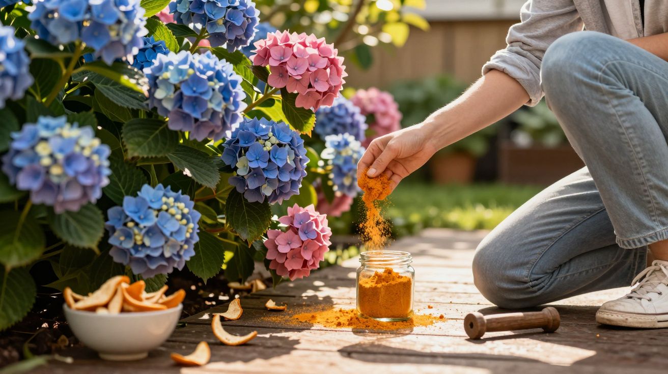 Pessoa de jeans e sapatilhas brancas a deitar pó laranja num frasco junto a hortênsias azuis e rosas.