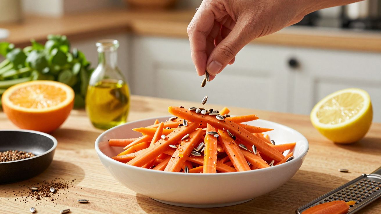 Mão a deitar sementes em palitos de cenoura numa taça, com laranja, limão, azeite e ervas ao fundo.