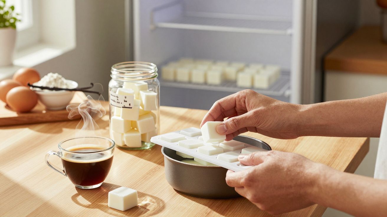 Mãos a colocar cubos de manteiga numa forma, com café quente e ingredientes de cozinha ao fundo.