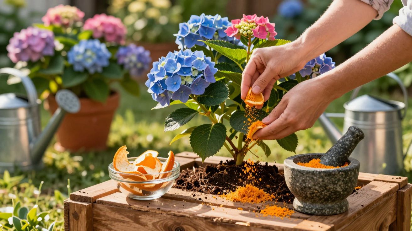 Pessoa a usar casca de laranja triturada para fertilizar planta de hortênsia num jardim.