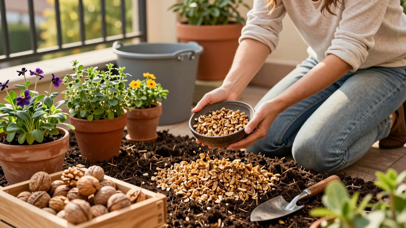 Pessoa a preparar solo com cascas de nozes para plantas num terraço com vasos e ferramentas de jardinagem.