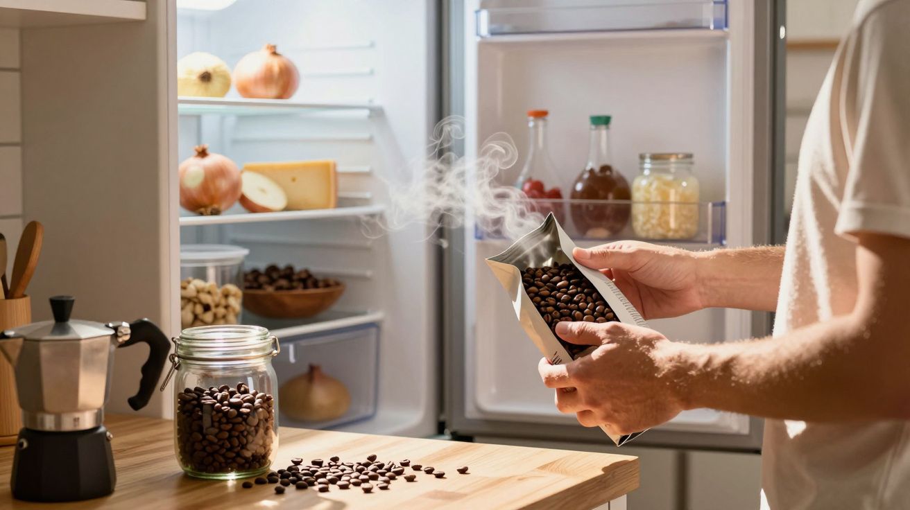 Pessoa a despejar grãos de café quente de embalagem para jarra, cozinha com frigorífico aberto ao fundo.