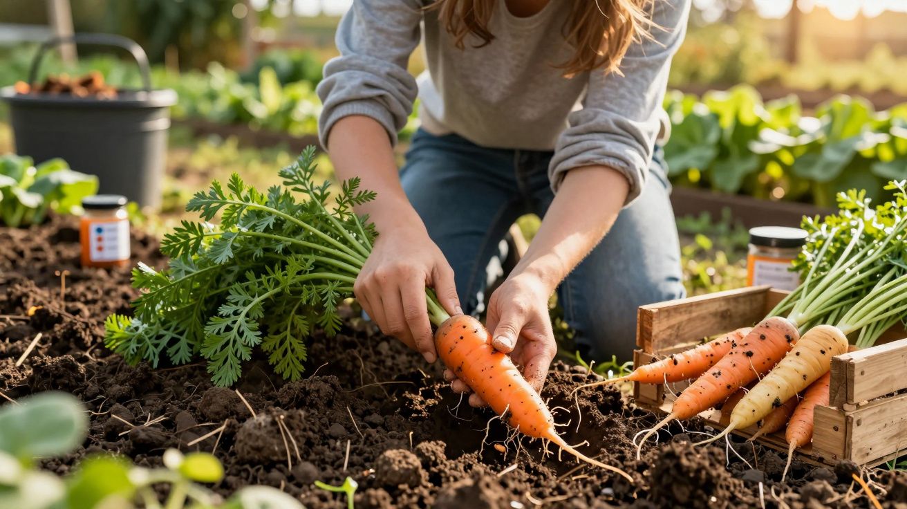 Pessoa a colher cenouras frescas numa horta com caixa de madeira e terra à volta.
