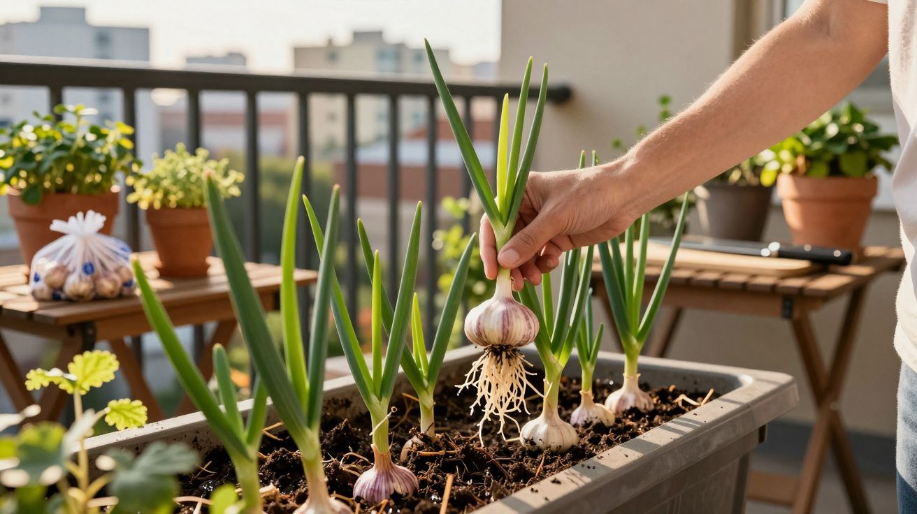 Pessoa a colher uma cabeça de alho com raízes numa horta urbana numa varanda ensolarada.